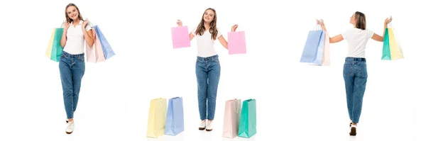 Collage Excited Woman Holding Shopping Bags Walking Isolated White — Stock Photo, Image