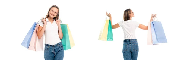 Collage Pleased Woman Holding Colorful Shopping Bags Isolated White — Stock Photo, Image