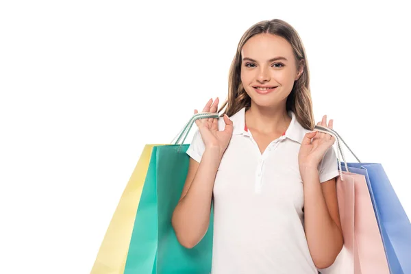 Jovem Satisfeita Mulher Segurando Sacos Compras Isolados Branco — Fotografia de Stock