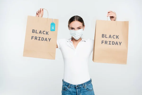 Customer Medical Mask Holding Shopping Bags Sale Tag Black Friday — Stock Photo, Image