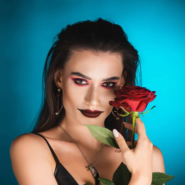 Young Woman Black Lipstick Holding Red Rose Blue — Stock Photo, Image