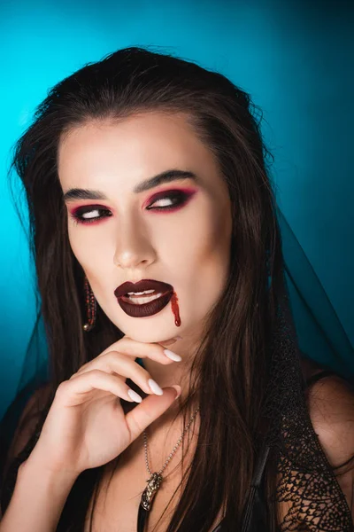 Scary Woman Blood Face Looking Away Blue — Stock Photo, Image