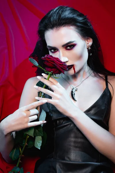 脸上有血的黑发女人看着相机 手里拿着红色的玫瑰 — 图库照片