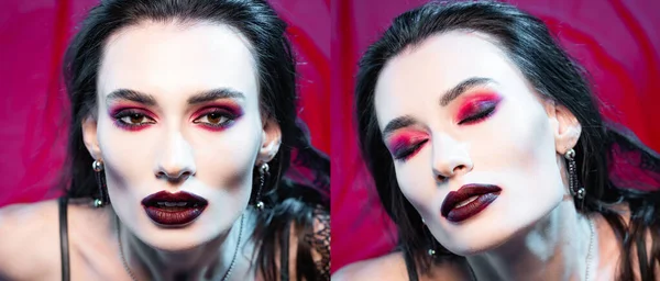 Collage Woman Makeup Looking Camera Red Halloween Concept — Stock Photo, Image