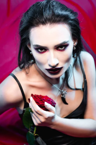 顔に血のついた青白い女がカメラを見て赤いバラを抱いている — ストック写真