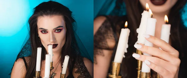 collage of pale woman near burning candles on blue