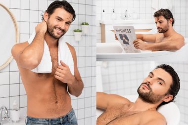 Gülümseyen üstsüz adamın kolajı kameraya bakmak ve banyo yaparken iş gazetesi okumak. 