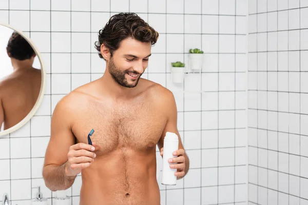 Shirtless Man Smiling While Holding Shaving Foam Disposable Razor Bathroom — Stock Photo, Image