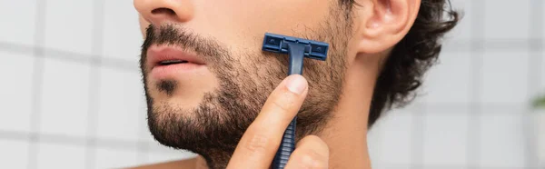 Cropped View Bearded Man Shaving Razor Banner — Stock Photo, Image