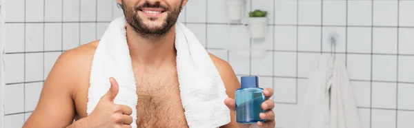 Cropped View Smiling Man Towel Showing While Holding Bottle Shaving — Stock Photo, Image