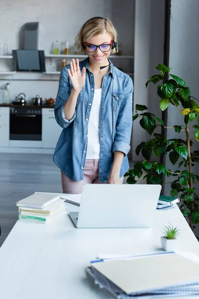 Young Blonde Woman Eyeglasses Having Online Conference Waving Hand — Stock Photo, Image