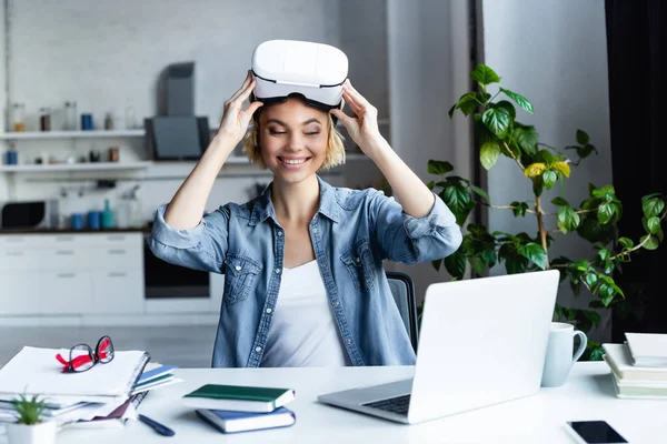 Happy Woman Taking Headset Looking Laptop — Stock Photo, Image