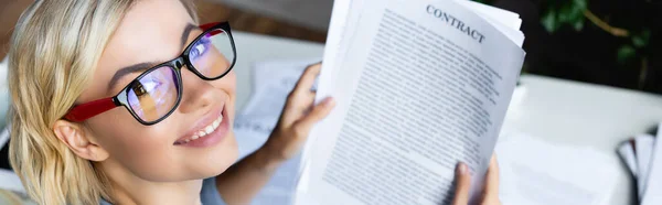 Young Blonde Woman Eyeglasses Holding Contract Horizontal Banner — Stockfoto