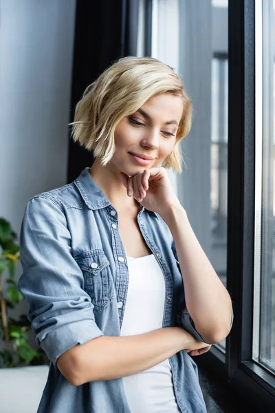 Portrait Pensive Woman Standing Window — Stock Photo, Image