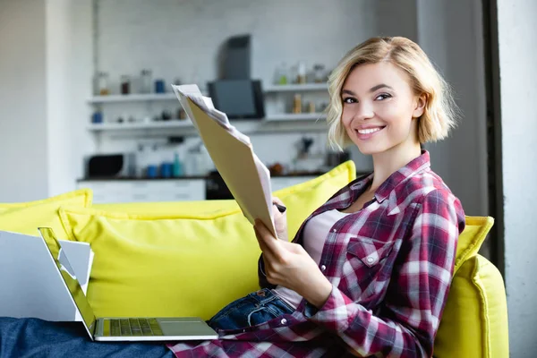 Blonde Woman Checkered Shirt Working Home Looking Documents — Stock Photo, Image