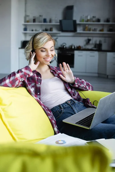 Young Blonde Woman Headphones Having Online Conference Waving Hand — Stock Photo, Image