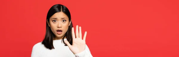 Shocked Asian Woman Open Mouth Showing Stop Sign Palm Isolated — Stock Photo, Image