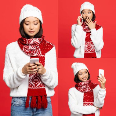 Şok olmuş Asyalı kadın kolajı. Ağzı kaplayan, mesajlaşan ve konuşan. Kırmızıda izole edilmiş akıllı telefon. 