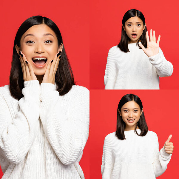collage of cheerful asian woman pointing with finger, touching cheeks and showing no gesture isolated on red 