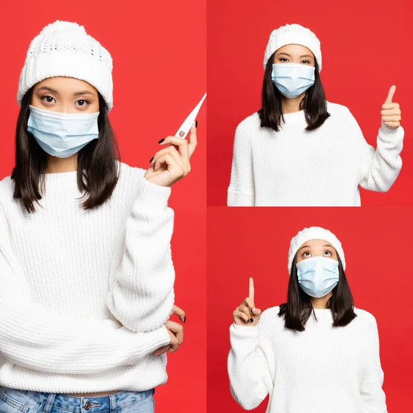 collage of asian woman in hat and medical mask holding digital thermometer, showing thumb up and pointing with fingers isolated on red