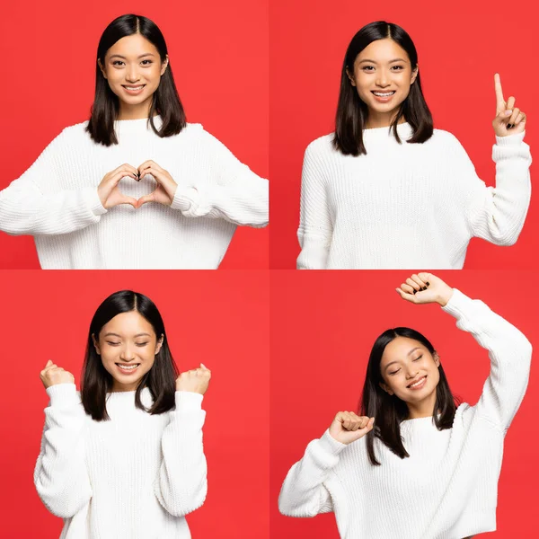 collage of happy asian woman showing heart sign with hands, pointing with finger, rejoicing and smiling isolated on red