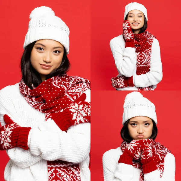 collage of asian woman in hat, scarf, mittens pouting lips and smiling isolated on red