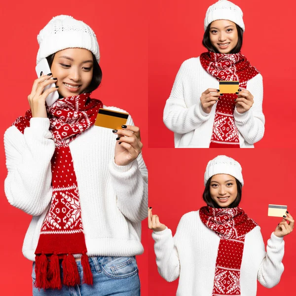 collage of asian woman talking on smartphone and holding credit card while showing money gesture isolated on red