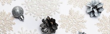 Kar tanelerinin üst görüntüsü, gümüş mücevher ve beyaz arka planda koniler, pankart