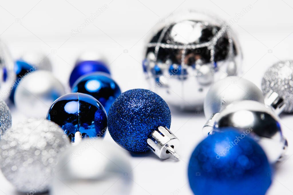 blue, silver Christmas decoration on white background