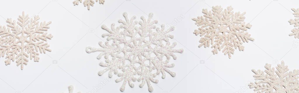 composition with winter snowflakes on white background, banner