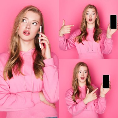 Pembe arka planda akıllı telefonu olan kapüşonlu güzel bir kadın kolajı.