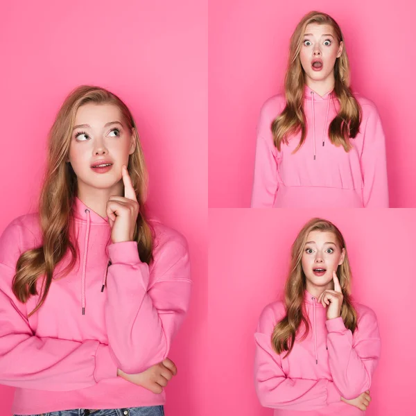 Collage Beautiful Woman Hoodie Pink Background — Stock Photo, Image