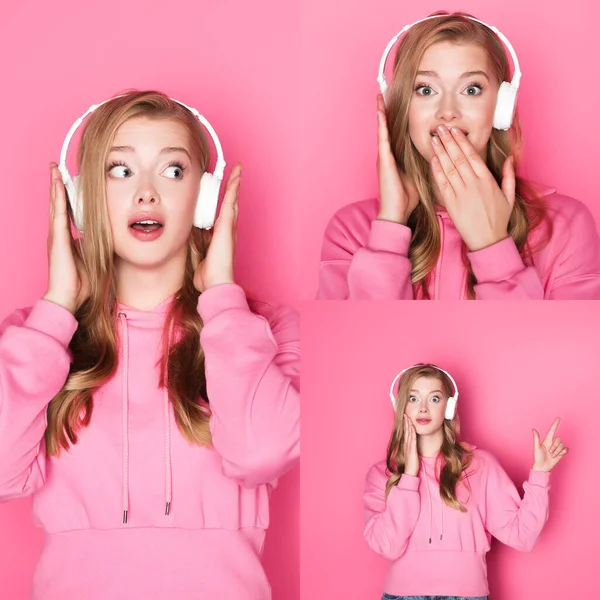 Κολάζ Σοκαρισμένη Όμορφη Γυναίκα Κουκούλα Και Ακουστικά Ροζ Φόντο — Φωτογραφία Αρχείου