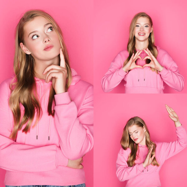 collage of beautiful emotional woman in hoodie on pink background