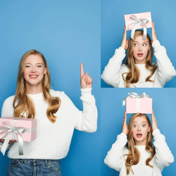 collage of blonde beautiful woman with gift box isolated on blue background