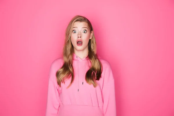 Shocked Beautiful Woman Open Mouth Pink Background — Stock Photo, Image