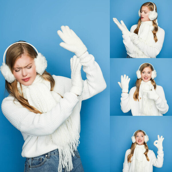 collage of blonde beautiful woman in winter white outfit on blue background