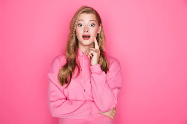 Excited Beautiful Woman Open Mouth Pink Background — Stock Photo, Image