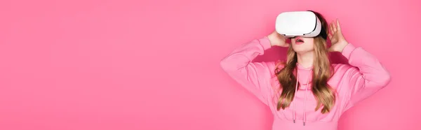 Shocked Beautiful Woman Headset Pink Background Banner — Stock Photo, Image