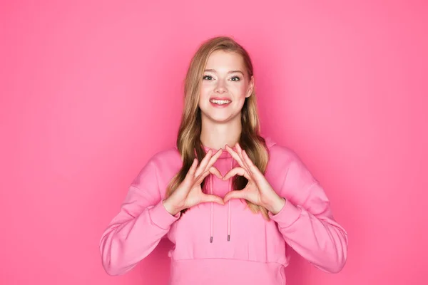 Beautiful Young Woman Hoodie Showing Heart Hands Pink Background — Stock Photo, Image