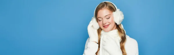 Smiling Beautiful Woman Winter White Outfit Isolated Blue Banner Royalty Free Stock Photos