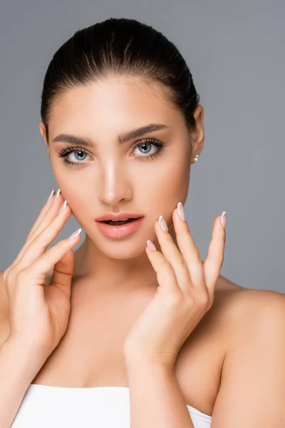 Beautiful Woman Posing Isolated Grey — Stock Photo, Image