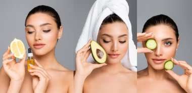 Kafasında havlu olan kadın kolajı, gri üzerine serum ve yiyecek izole edilmiş