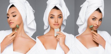 Kafasında havlu olan kadın kolajı. Yeşim silindiri kullanıyor. Yüzünde gua sha var.