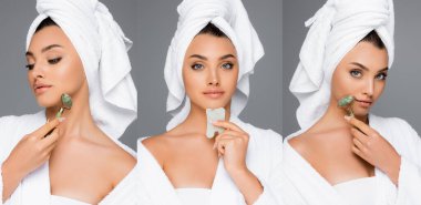 collage of woman with towel on head using jade roller and gua sha on face isolated on grey clipart