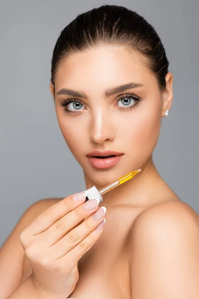 Woman Holding Pipette Serum Isolated Grey — Stock Photo, Image