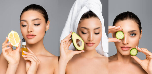 collage of woman with towel on head, serum and food isolated on grey