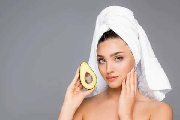 Woman Towel Head Avocado Isolated Grey — Stock Photo, Image