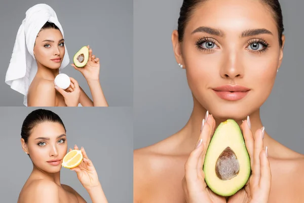 collage of woman with lemon, avocado and cosmetic cream isolated on grey