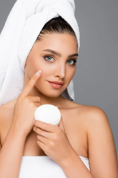 Woman Towel Head Applying Cosmetic Cream Face Isolated Grey — Stock Photo, Image